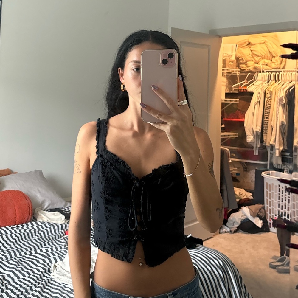 Linen Corset Lace Up Top Black Urban Outfitters